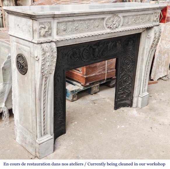 Louis XVI style Carrara marble fireplace with bead and rosette ornamentation Louis XVI style Carrara marble fireplace with bead and rosette ornamentation-6