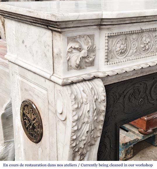Louis XVI style Carrara marble fireplace with bead and rosette ornamentation Louis XVI style Carrara marble fireplace with bead and rosette ornamentation-7