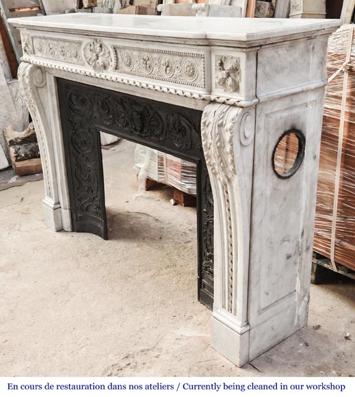 Louis XVI style Carrara marble fireplace with bead and rosette ornamentation Louis XVI style Carrara marble fireplace with bead and rosette ornamentation-10