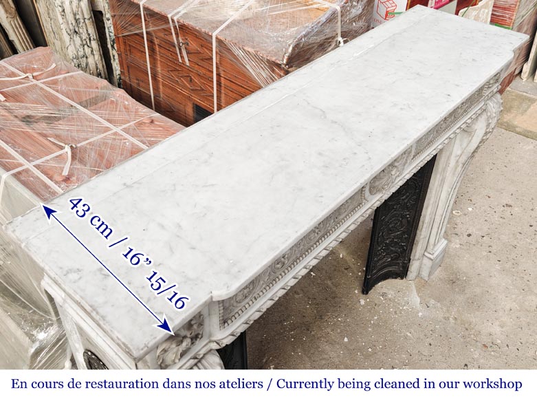 Louis XVI style Carrara marble fireplace with bead and rosette ornamentation Louis XVI style Carrara marble fireplace with bead and rosette ornamentation-17