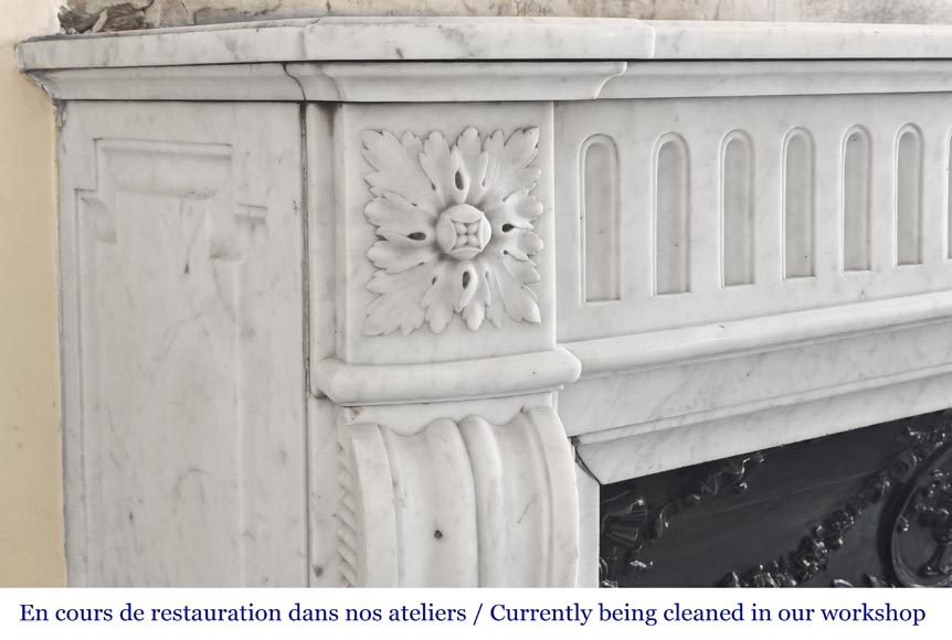 Louis XVI style curved mantelpiece in Carrara marble, featuring fluted decoration-3