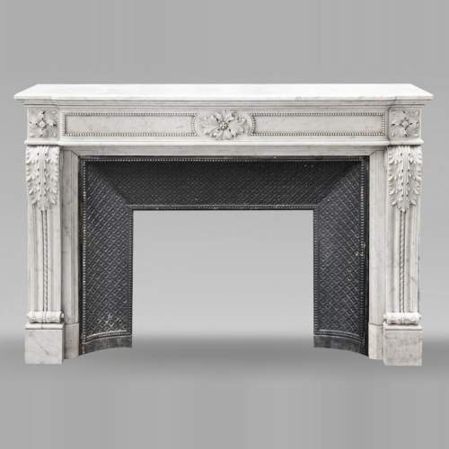 Carrara marble Louis XVI-style fireplace with bead-and-reel ornamentation