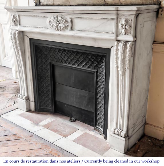 Louis XVI-style statuary marble fireplace featuring acanthus leaf and bead-and-reel motifs-7