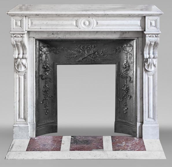 Carrara marble fireplace in the Napoleon III style, featuring water-leaf ornamentation-0