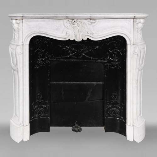 Louis XV-style fireplace in Carrara marble, featuring an asymmetrical palmette motif