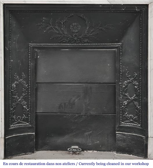 Louis XVI-style fireplace in Carrara marble, featuring molded ornamentation-8