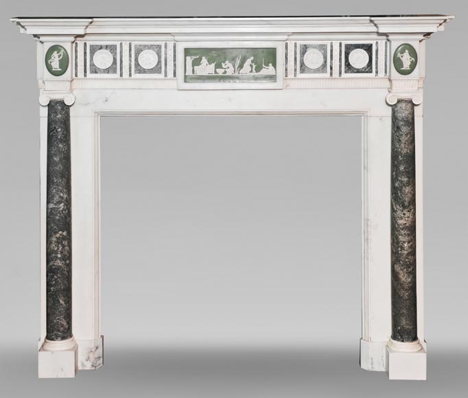 Victorian-style fireplace in statuary marble, featuring Ionic half-columns and a Wedgwood-style medallion decoration-0