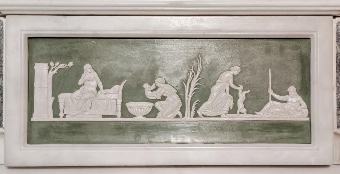 Victorian-style fireplace in statuary marble, featuring Ionic half-columns and a Wedgwood-style medallion decoration-1