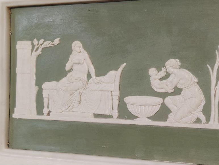 Victorian-style fireplace in statuary marble, featuring Ionic half-columns and a Wedgwood-style medallion decoration-2