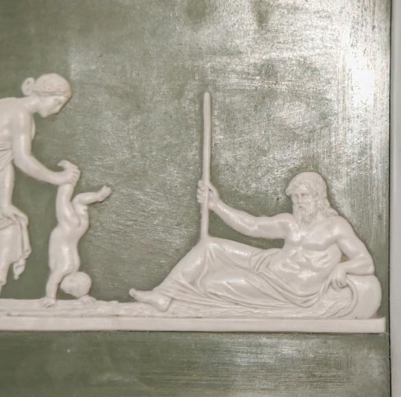 Victorian-style fireplace in statuary marble, featuring Ionic half-columns and a Wedgwood-style medallion decoration-3