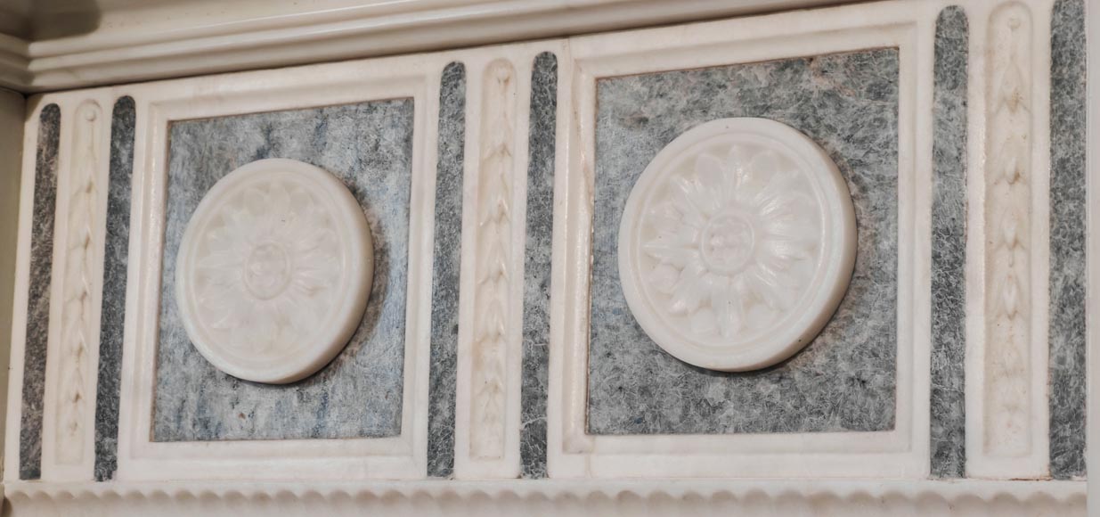 Victorian-style fireplace in statuary marble, featuring Ionic half-columns and a Wedgwood-style medallion decoration-4
