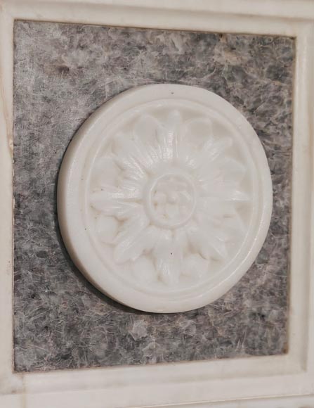 Victorian-style fireplace in statuary marble, featuring Ionic half-columns and a Wedgwood-style medallion decoration-5