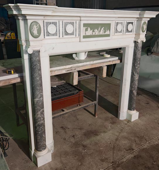 Victorian-style fireplace in statuary marble, featuring Ionic half-columns and a Wedgwood-style medallion decoration-6
