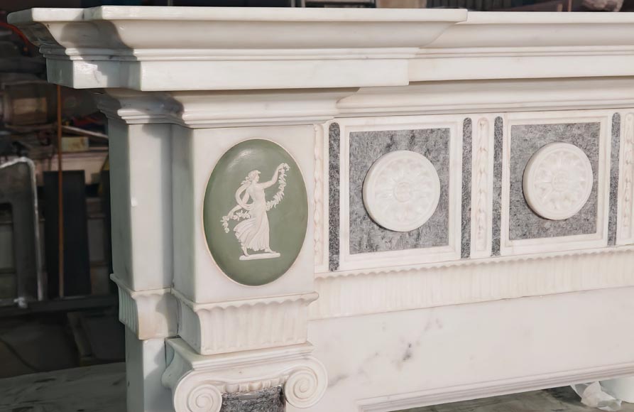 Victorian-style fireplace in statuary marble, featuring Ionic half-columns and a Wedgwood-style medallion decoration-7