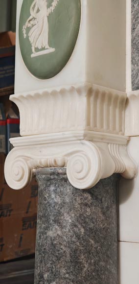 Victorian-style fireplace in statuary marble, featuring Ionic half-columns and a Wedgwood-style medallion decoration-9