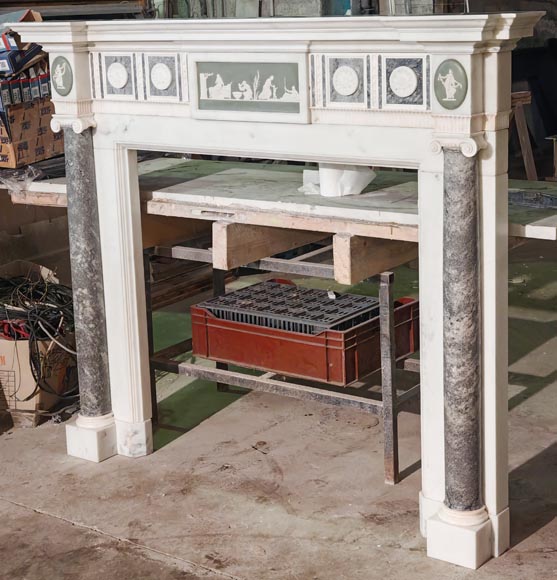 Victorian-style fireplace in statuary marble, featuring Ionic half-columns and a Wedgwood-style medallion decoration-11