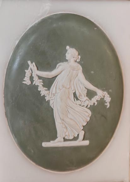Victorian-style fireplace in statuary marble, featuring Ionic half-columns and a Wedgwood-style medallion decoration-13