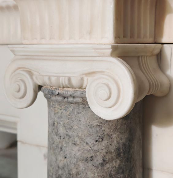 Victorian-style fireplace in statuary marble, featuring Ionic half-columns and a Wedgwood-style medallion decoration-14
